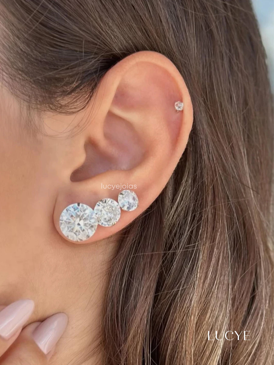 Trio of Large Earrings in Pure 925 Sterling Silver, Round Zirconia, Crystal, Point of Light | 10mm 7mm 6mm