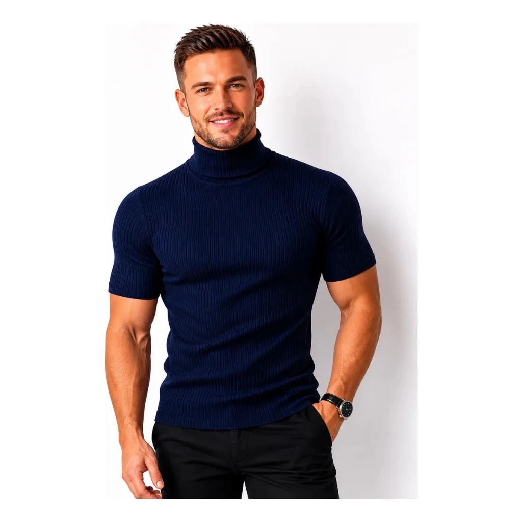 Kit 3 Men's Slim Ribbed T-Shirts, High Neck, Short Sleeve image 2