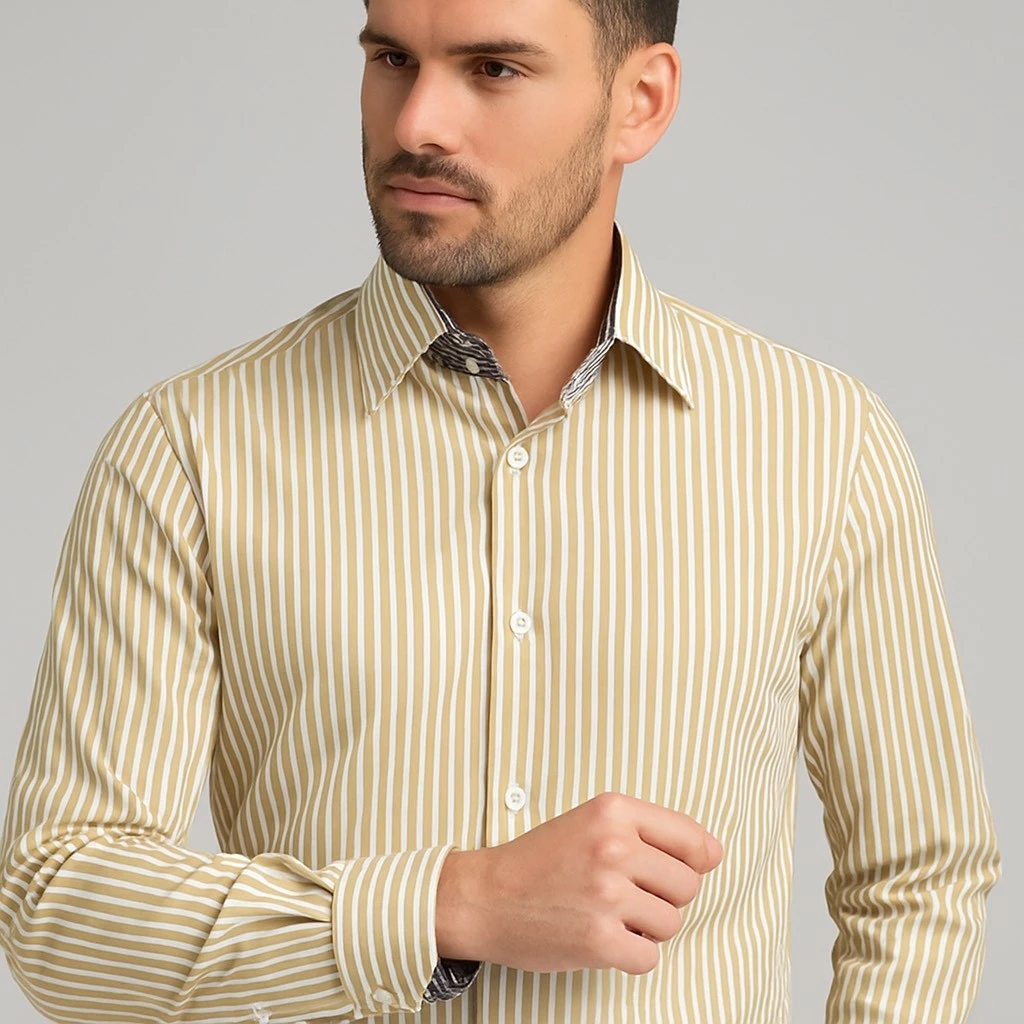 Empório Colombo Men's Slim Striped Khaki Dress Shirt 100% Cotton Various Colors image 3