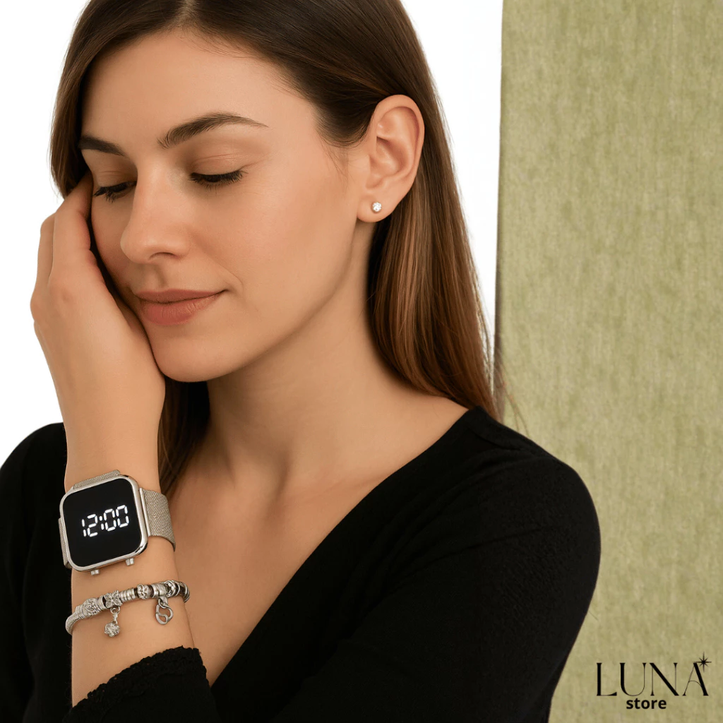 Women's Square Digital Led Watch Bracelet Earring with Box