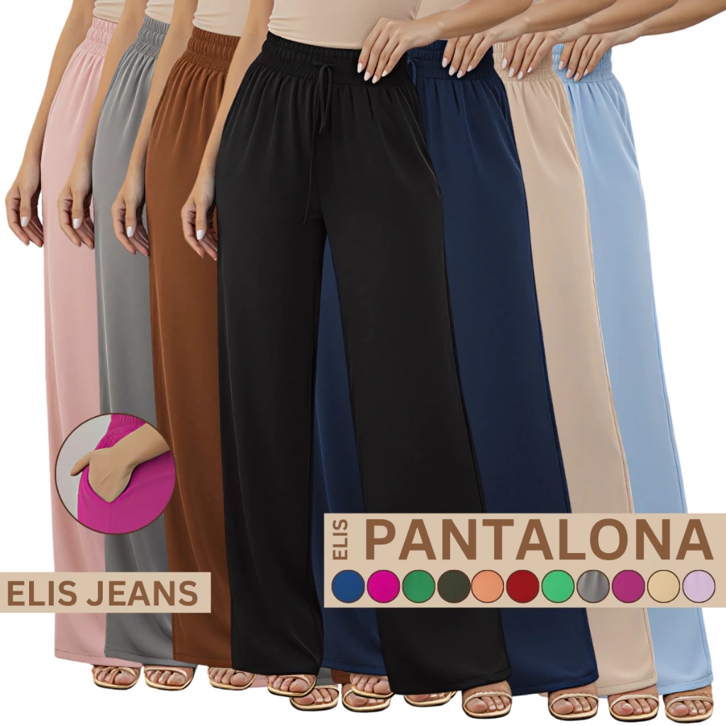 Women's High Waist Wide Leg Pants with Pocket in Duna Fabric