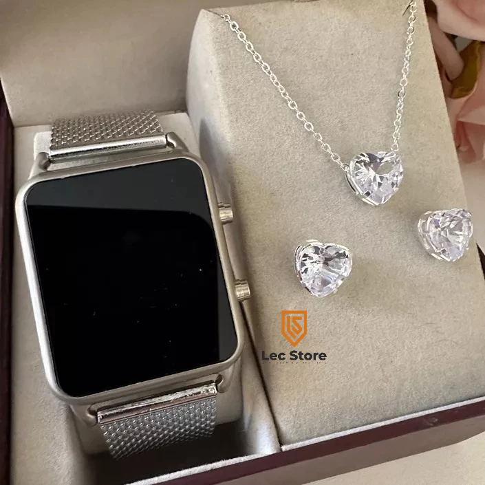 Women's Square Digital Watch + Plated Necklace and Earrings image 2
