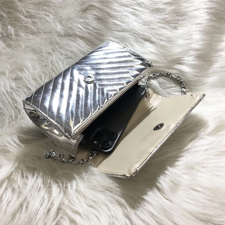 Messenger Bag Shoulder Bag Metallic Mirrored Material Embroidered V With Chain Strap Wrapped