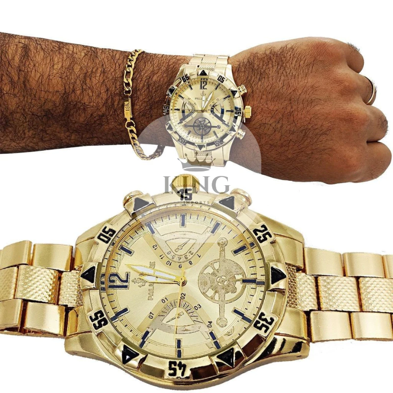 Men's 18k Gold Plated Watch Kit + 18k Gold Plated Steel Chain + Bracelet and Pendant image 3