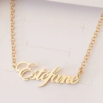 Women's Necklace with Personalized Name, 18k Gold Plated, Portuguese Link Chain image 4
