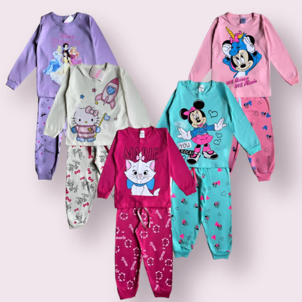 4-piece KIT for children's pajamas for girls, winter, long sleeves, 2 pants and 2 women's cotton blouses