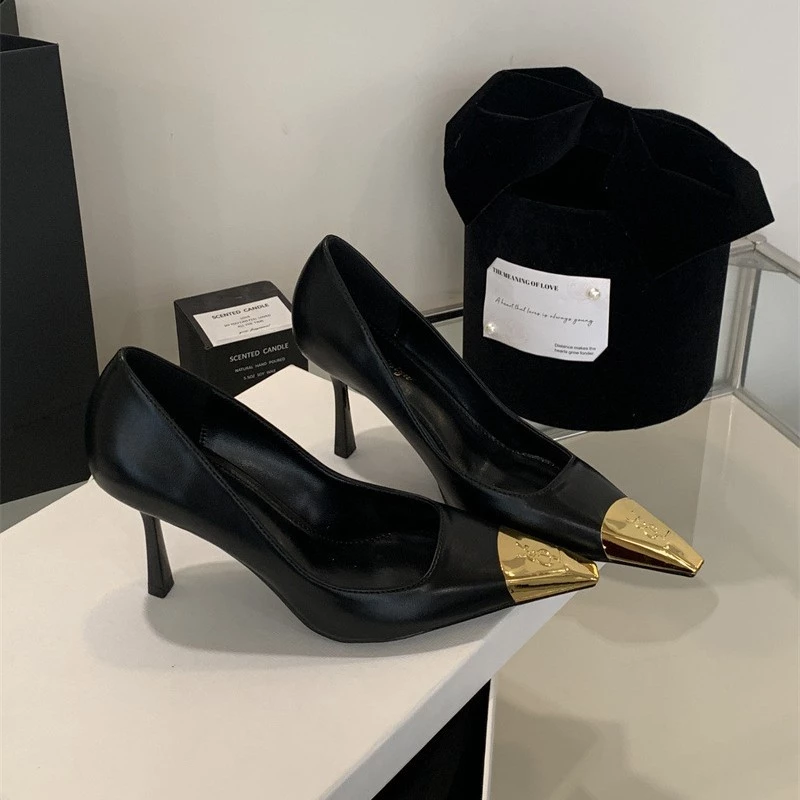2025 Autumn New Style Metal Toe Back Empty Sandals Women Black Single Shoes Stiletto Shallow Mouth Toe-Covered sal image 3