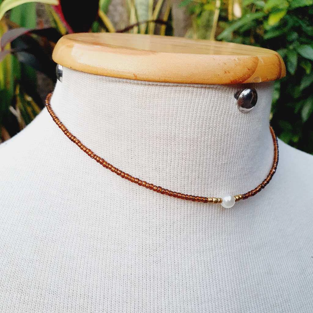 Brown Bead Necklace with Clear Glass and Gold and Pearl Detail - Classic Collection image 2