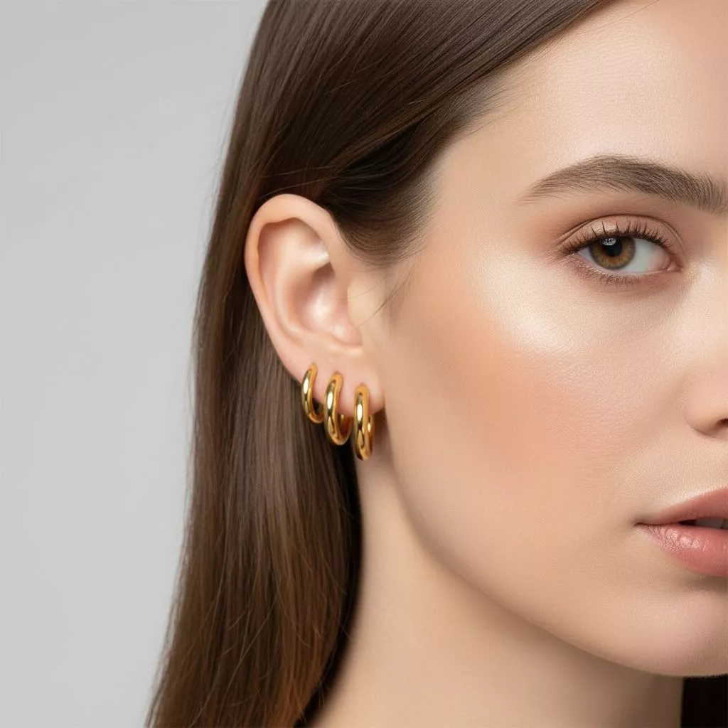 Kit 3 Pairs Gold Hoop Earrings 316L Stainless Steel Male Female Hypoallergenic Does Not Rust