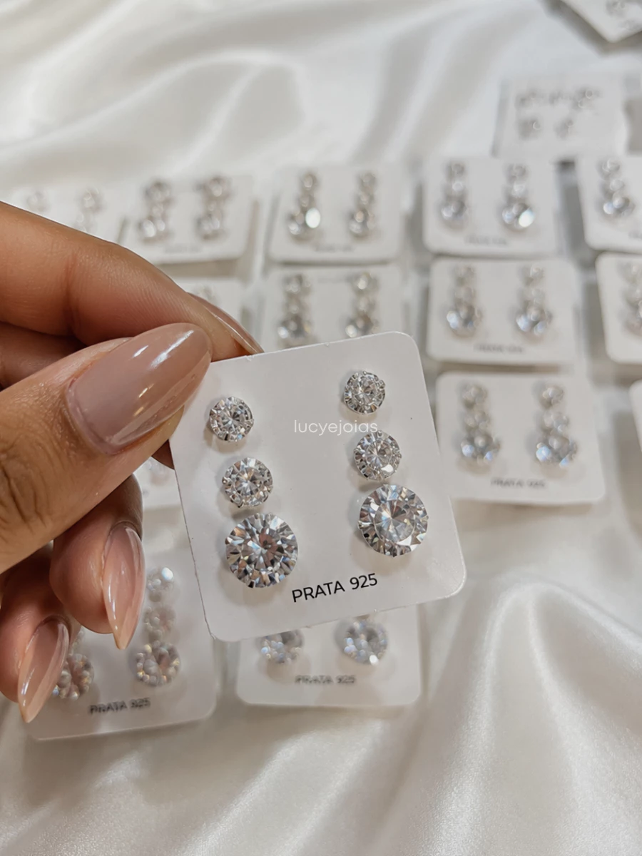Trio of Large Earrings in Pure 925 Sterling Silver, Round Zirconia, Crystal, Point of Light | 10mm 7mm 6mm image 2
