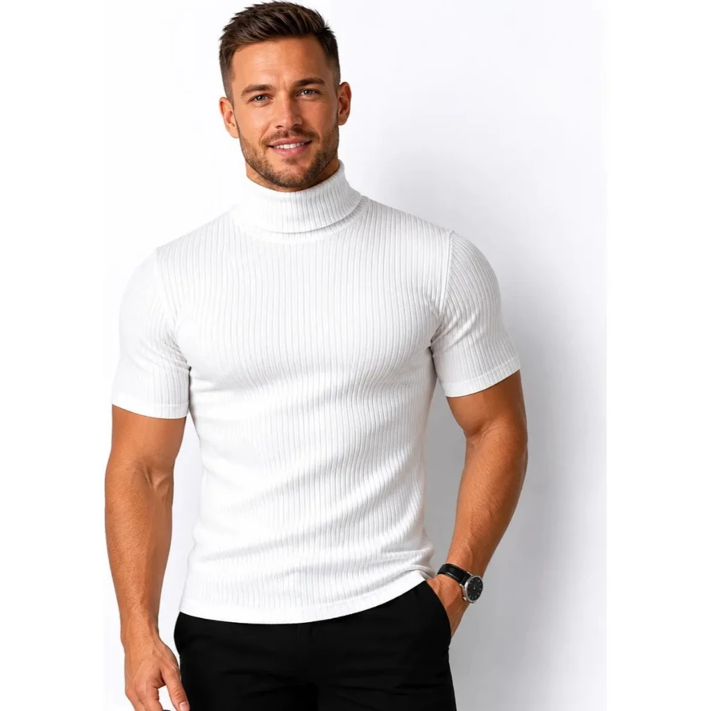 Kit 3 Men's Slim Ribbed T-Shirts, High Neck, Short Sleeve image 3